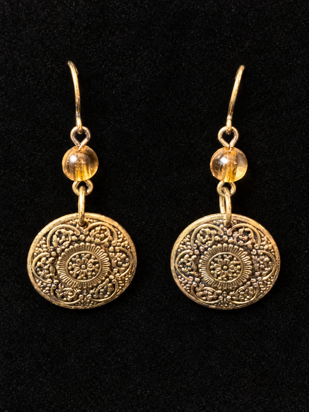 ⚜️ Medallion Drop Earrings | Filigree Disk + Amber Bead | Gold-Tone Wire 💗